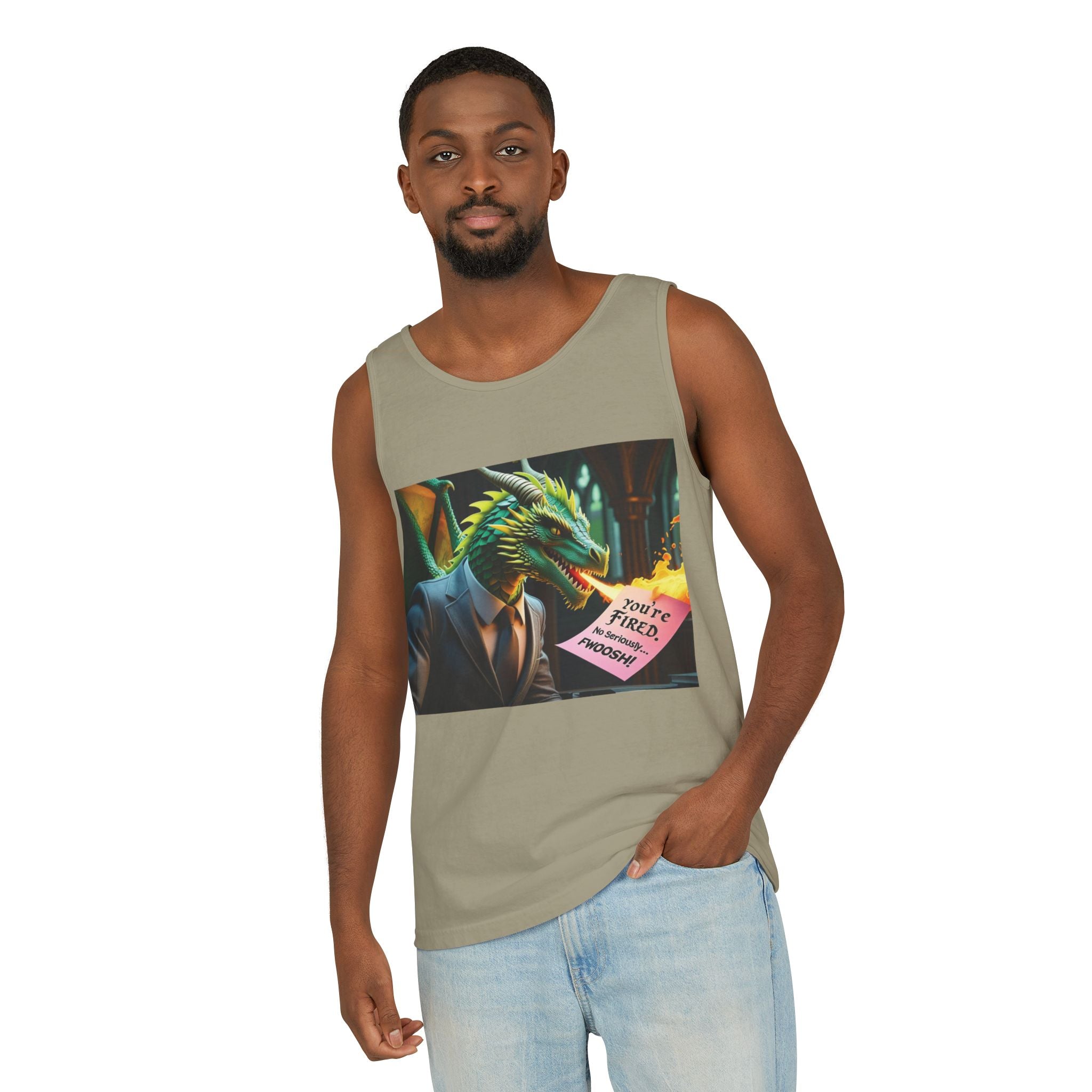 Funny "You're Fired!" Dragon Art Unisex Tank Top, Soft Fabric, Summer Essential, Perfect for Festivals, Gifts for Fantasy Lovers, Casual Wear
