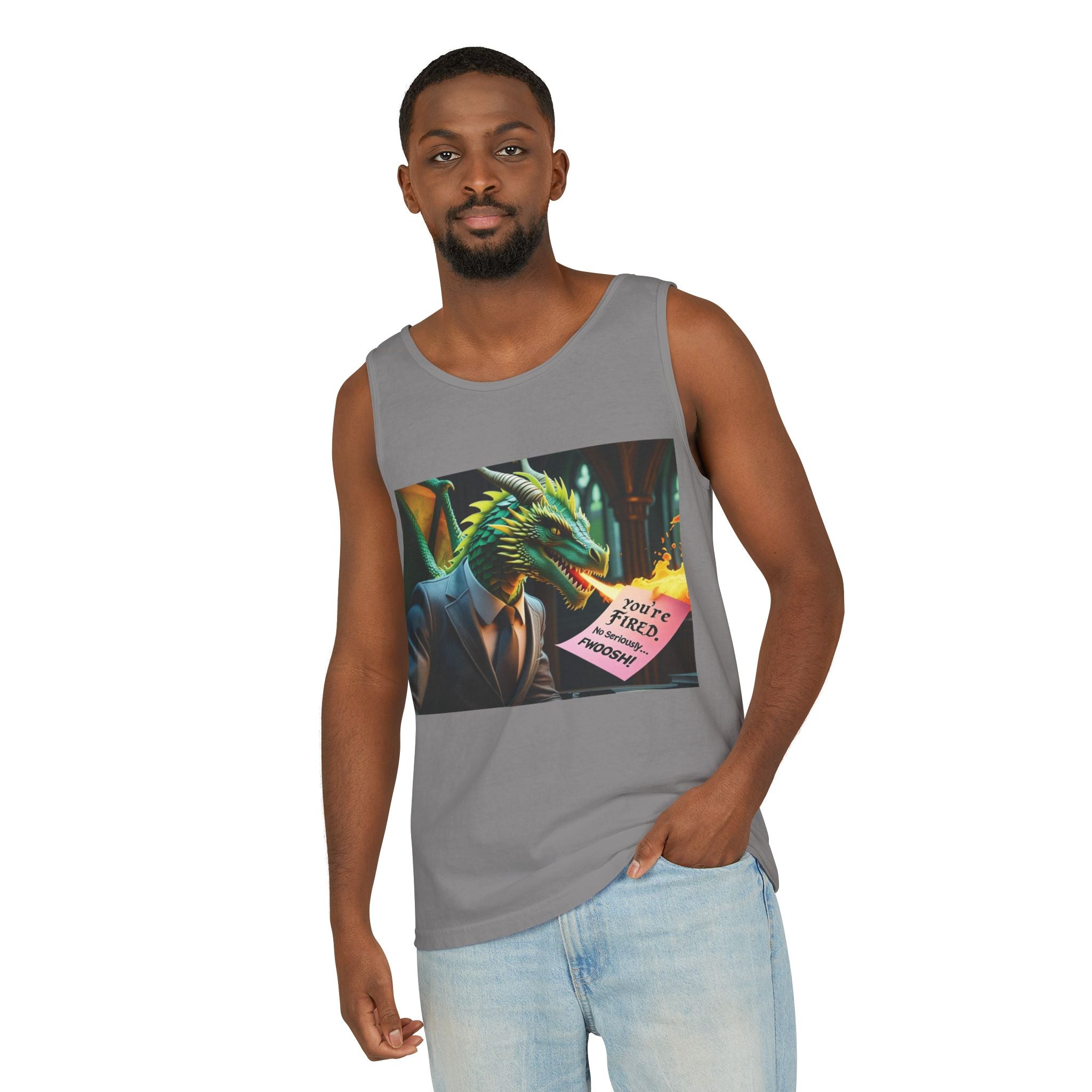 Funny "You're Fired!" Dragon Art Unisex Tank Top, Soft Fabric, Summer Essential, Perfect for Festivals, Gifts for Fantasy Lovers, Casual Wear