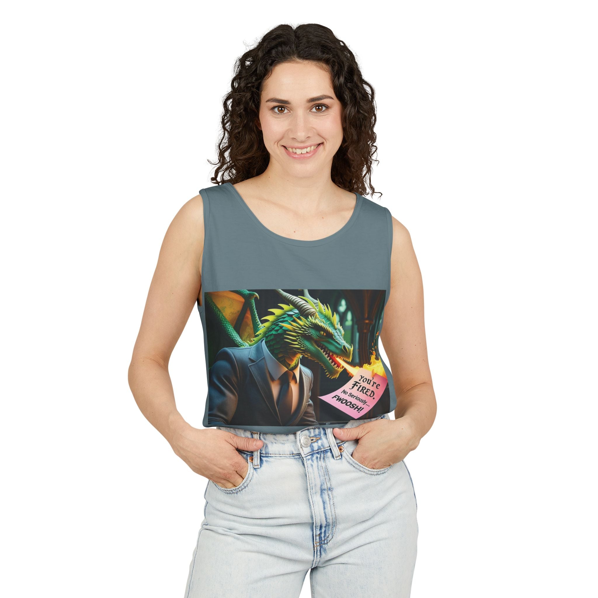 Funny "You're Fired!" Dragon Art Unisex Tank Top, Soft Fabric, Summer Essential, Perfect for Festivals, Gifts for Fantasy Lovers, Casual Wear