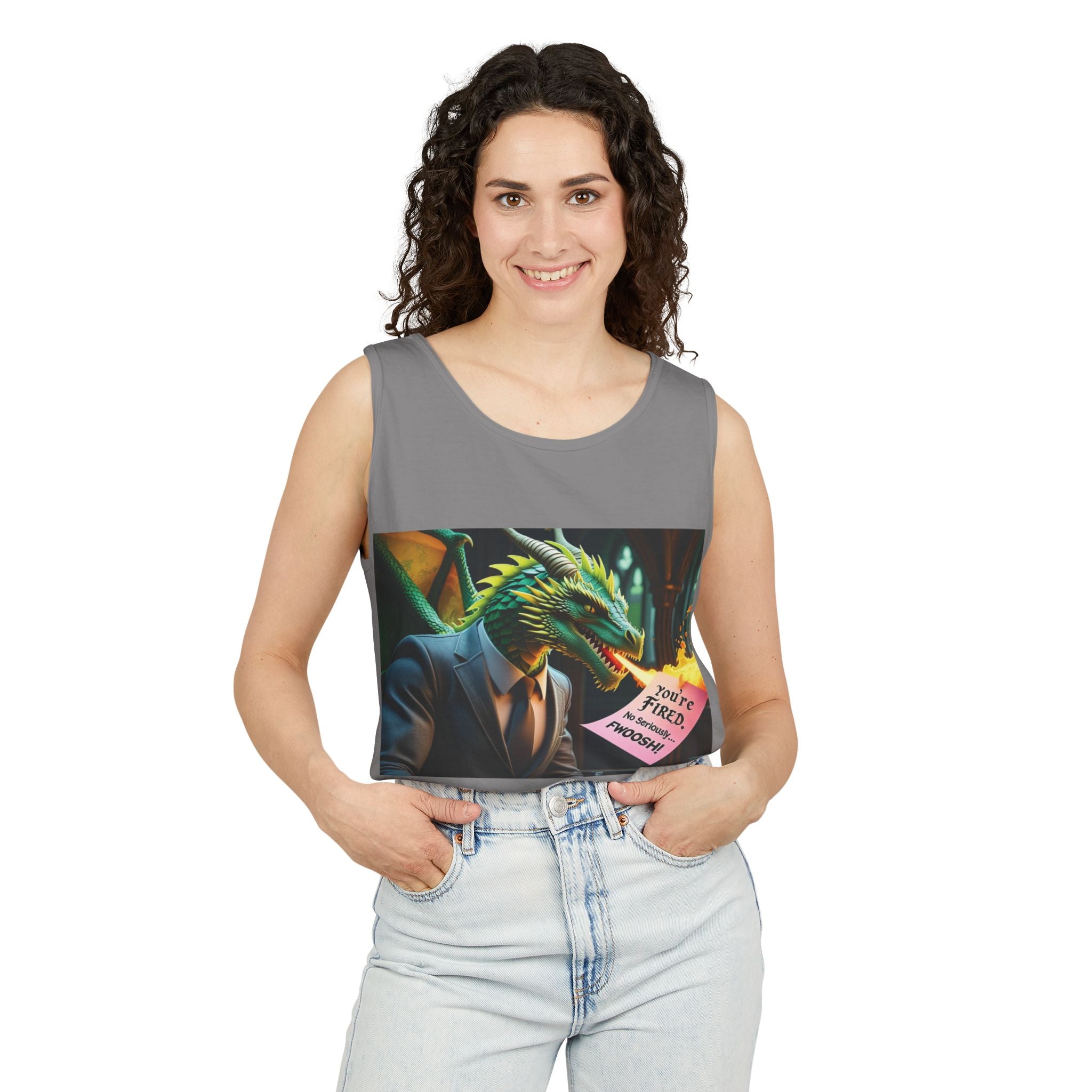 Funny "You're Fired!" Dragon Art Unisex Tank Top, Soft Fabric, Summer Essential, Perfect for Festivals, Gifts for Fantasy Lovers, Casual Wear