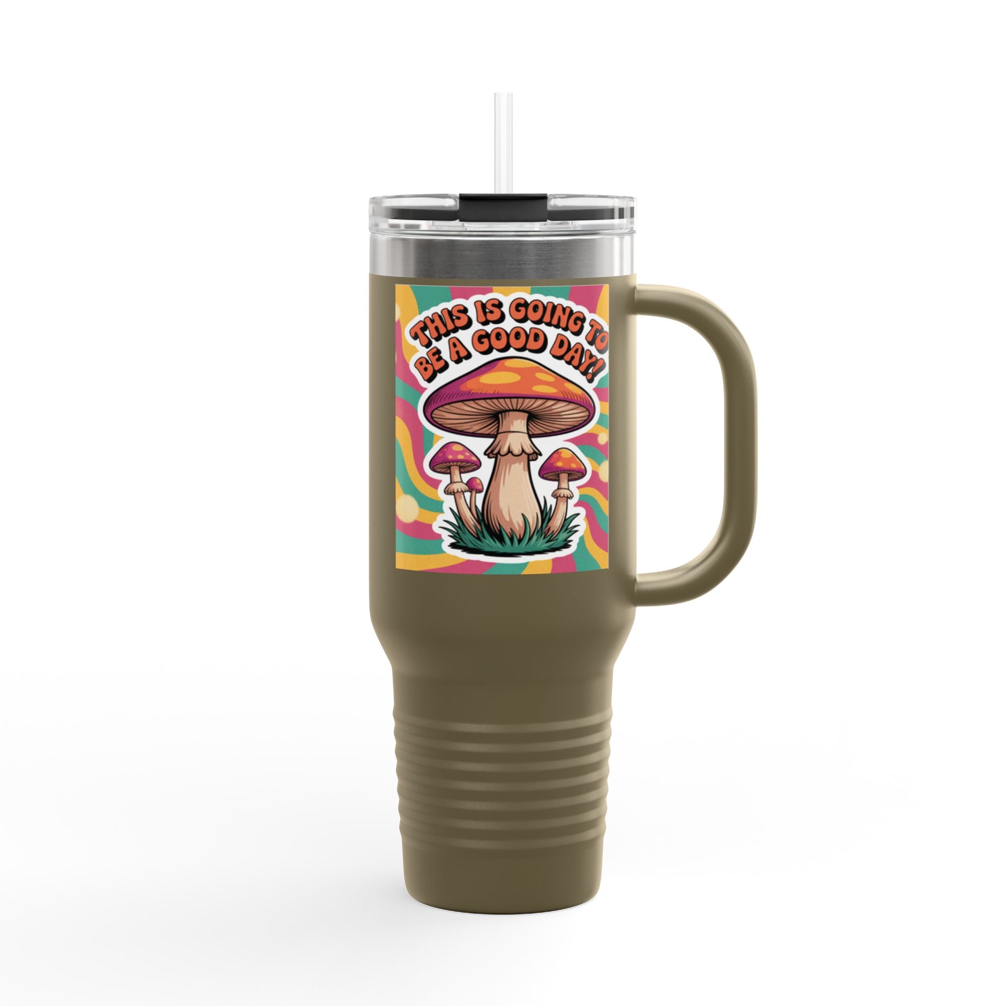 Colorful Happy Mushroom Insulated Travel Mug - Perfect for Adventures, Gifts, Summer Vibes, Camping, Road Trips, Daily Motivation