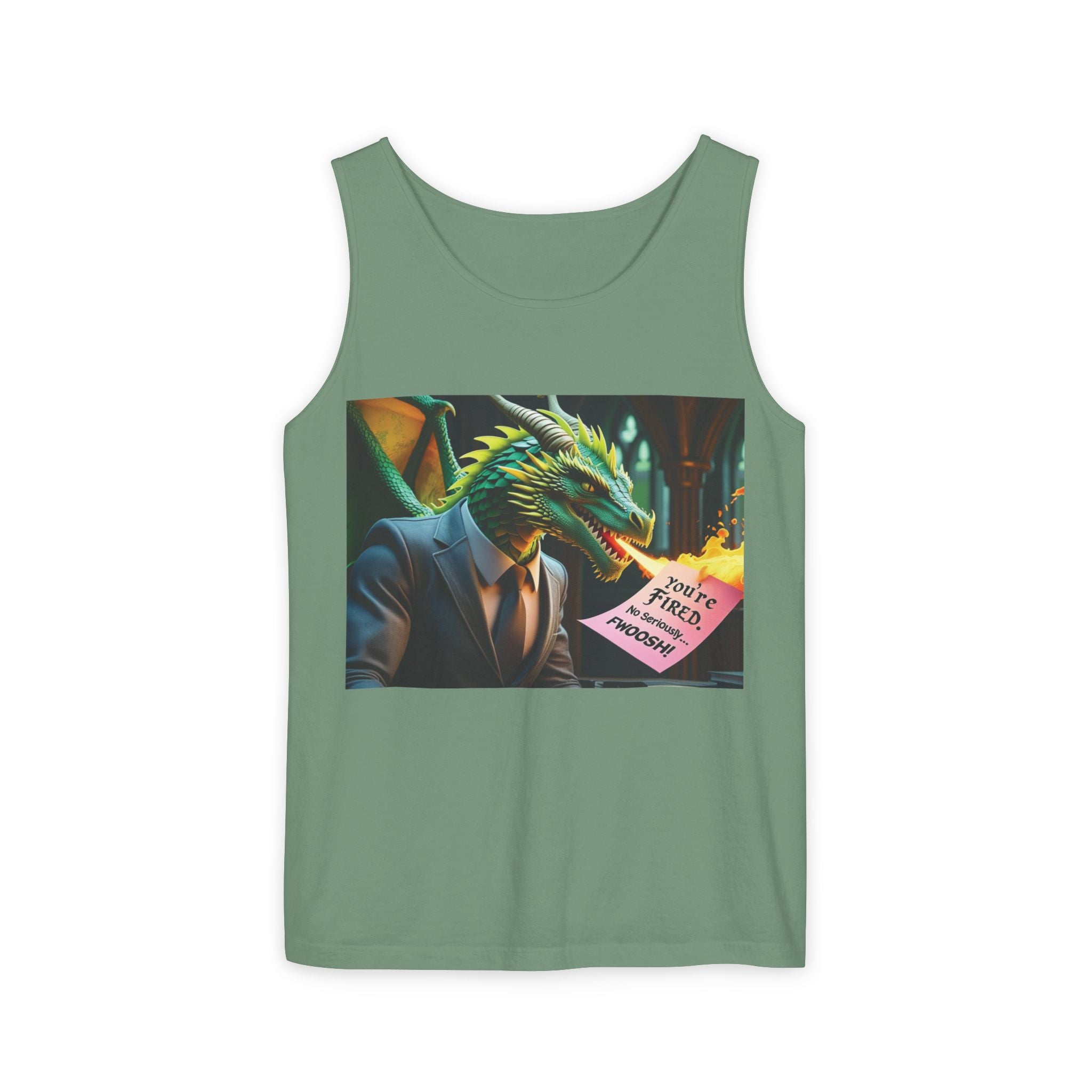 Funny "You're Fired!" Dragon Art Unisex Tank Top, Soft Fabric, Summer Essential, Perfect for Festivals, Gifts for Fantasy Lovers, Casual Wear