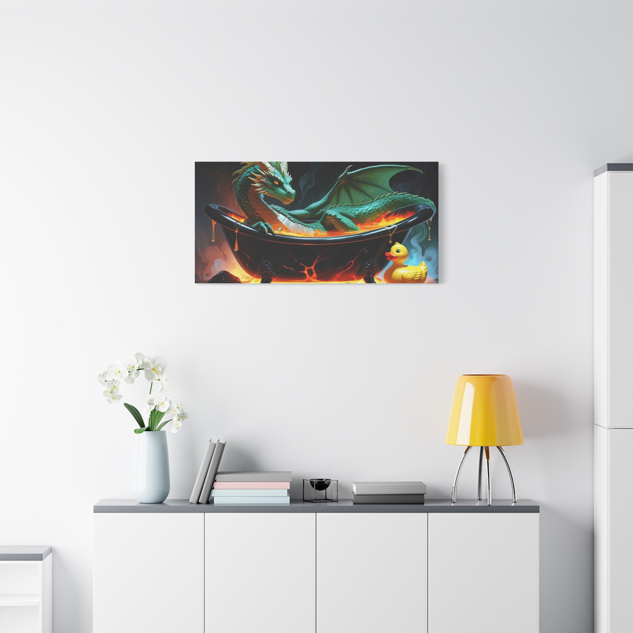 Whimsical Dragon In A Tub  Canvas Wall Art, Fantasy Decor, Kids Room Decor, Unique Gifts for Dragon Lovers, Cute Bathroom Art, Magical Home Decor