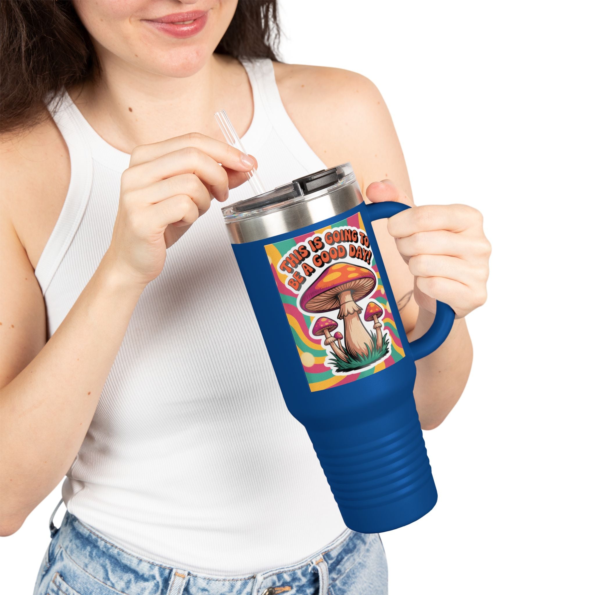 Colorful Happy Mushroom Insulated Travel Mug - Perfect for Adventures, Gifts, Summer Vibes, Camping, Road Trips, Daily Motivation