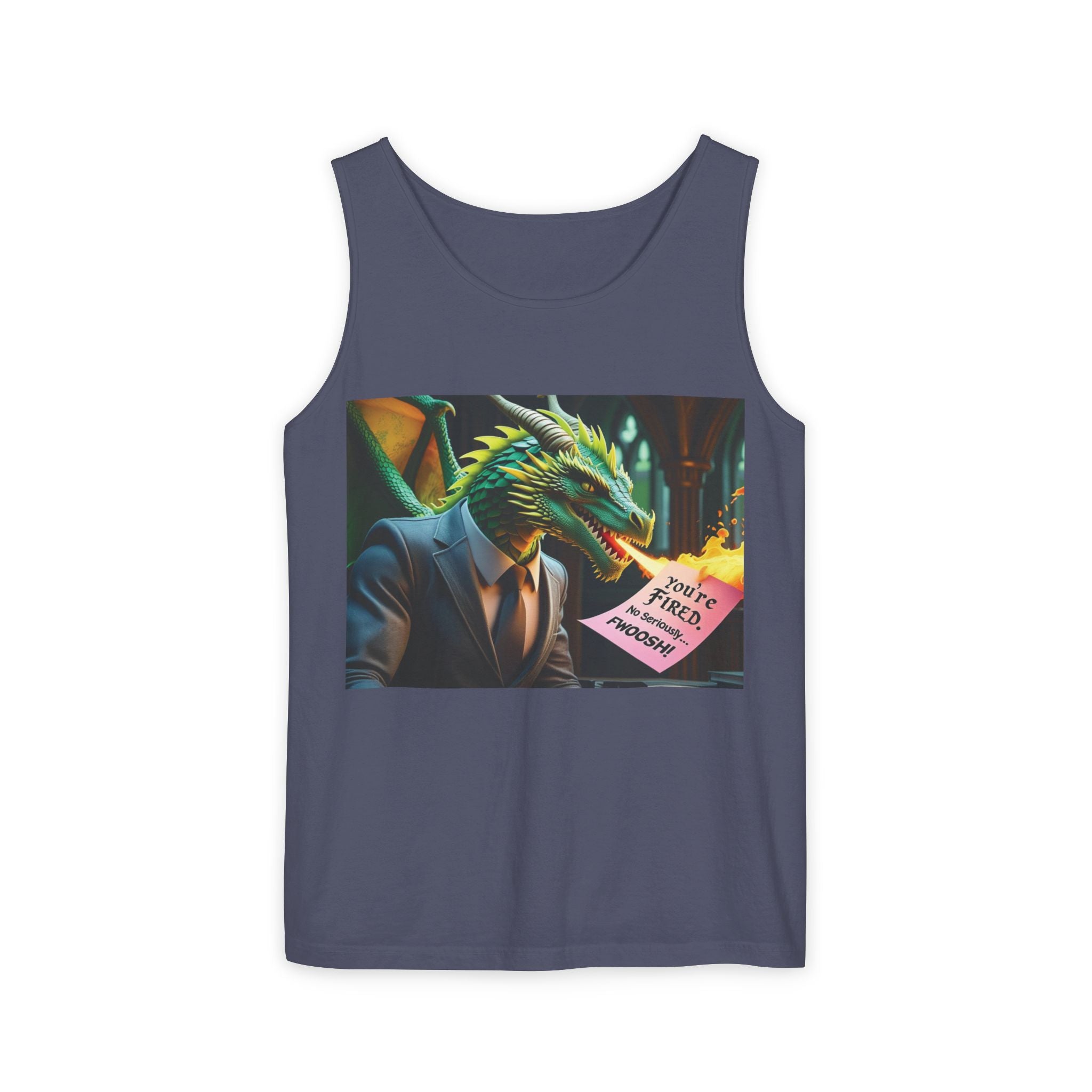 Funny "You're Fired!" Dragon Art Unisex Tank Top, Soft Fabric, Summer Essential, Perfect for Festivals, Gifts for Fantasy Lovers, Casual Wear