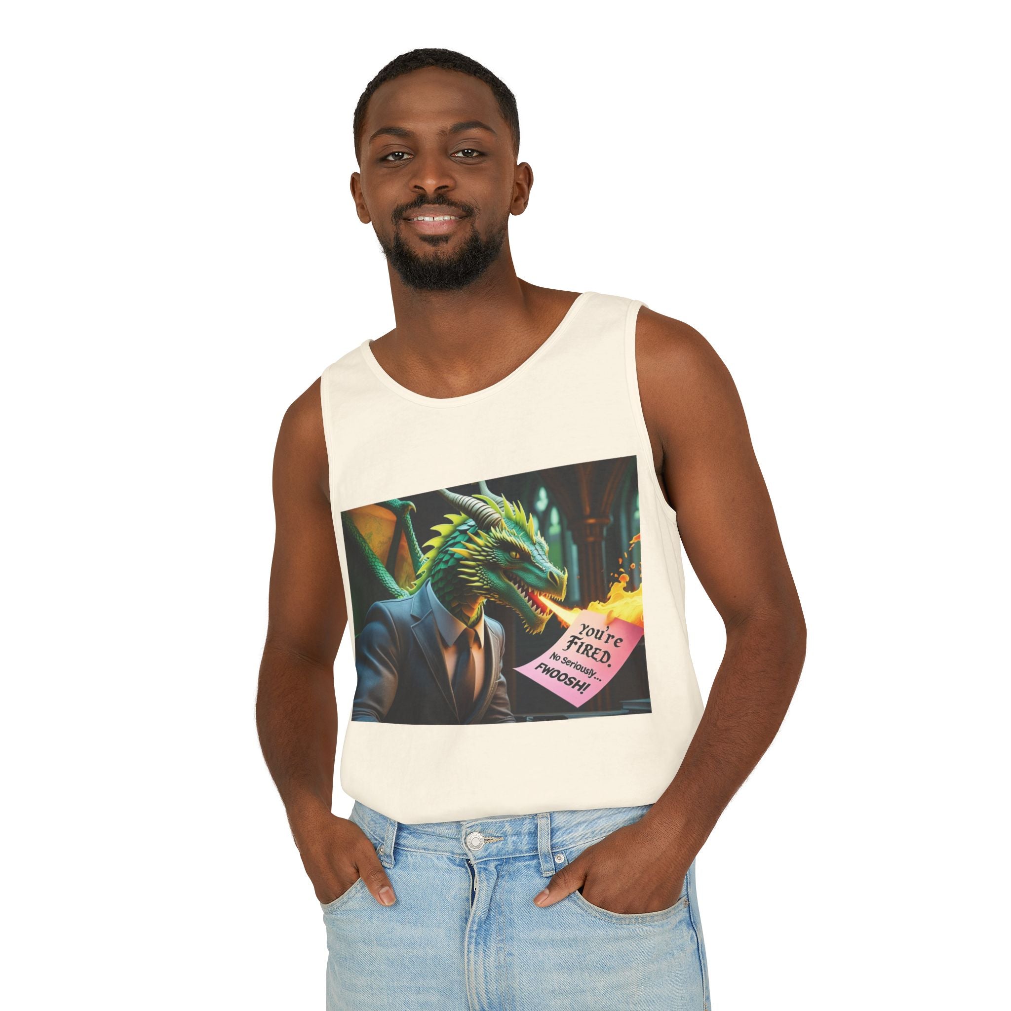 Funny "You're Fired!" Dragon Art Unisex Tank Top, Soft Fabric, Summer Essential, Perfect for Festivals, Gifts for Fantasy Lovers, Casual Wear